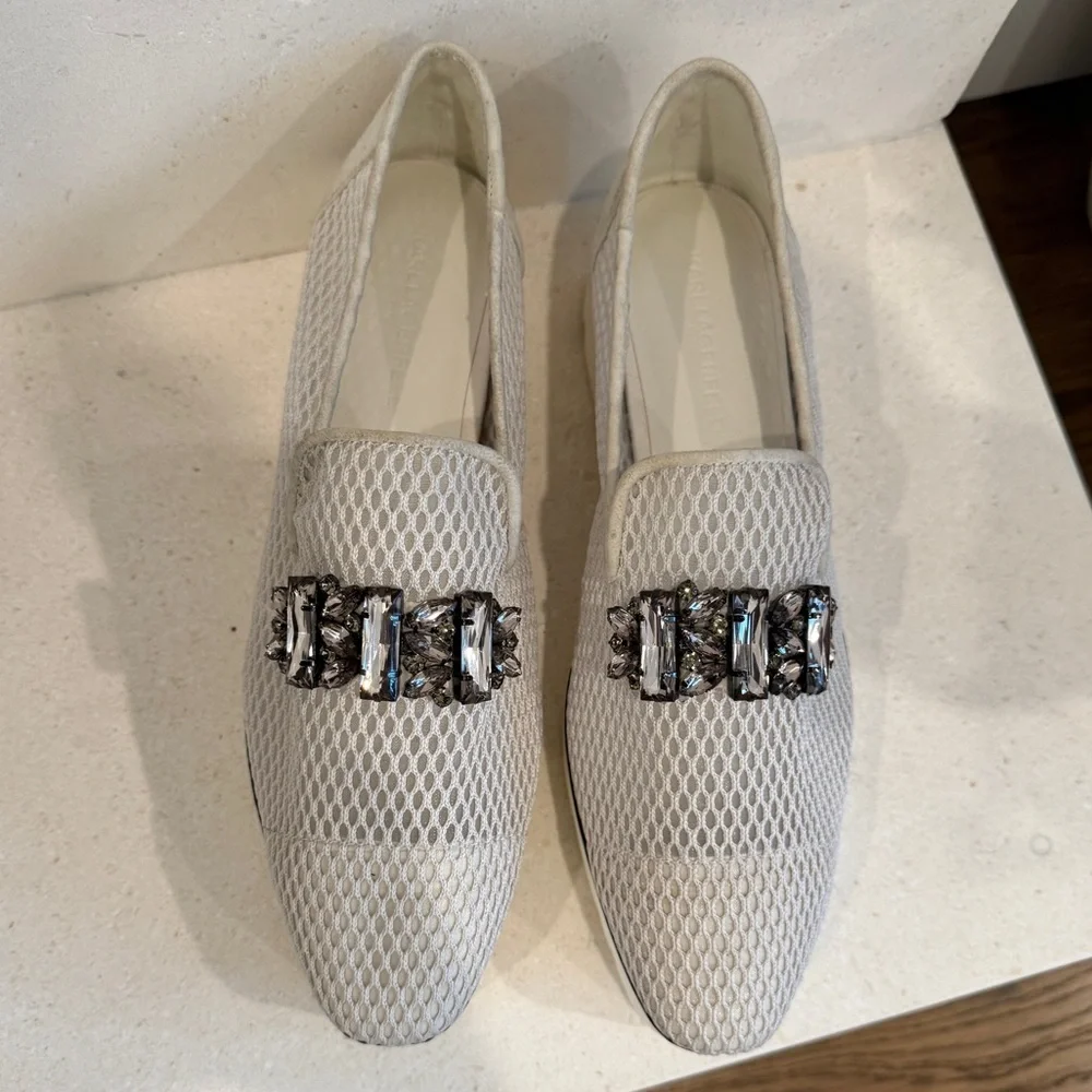 Embellished Cream Mesh Slip-On Loafers